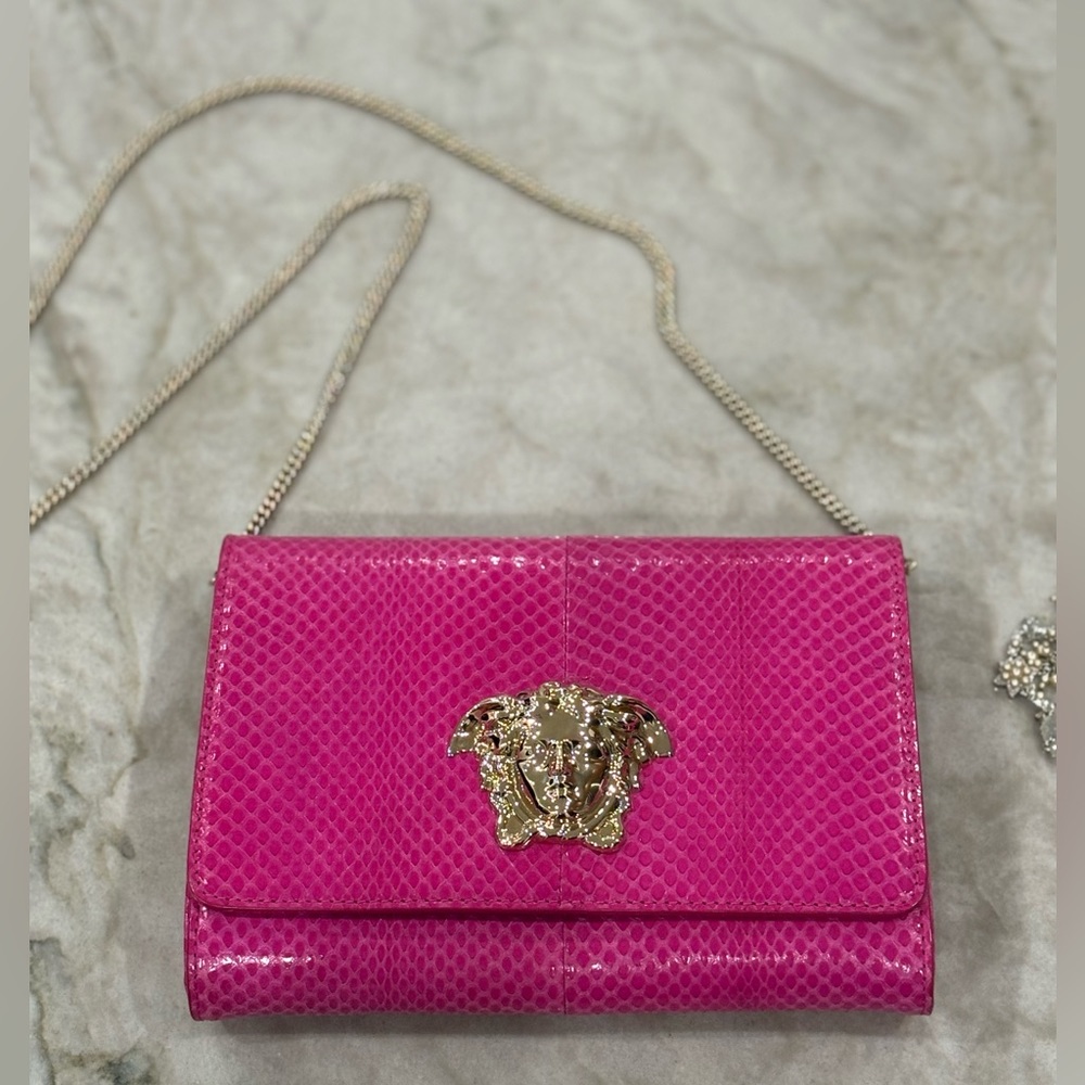 Versace Medusa Python Crossbody Clutch with Chain Strap